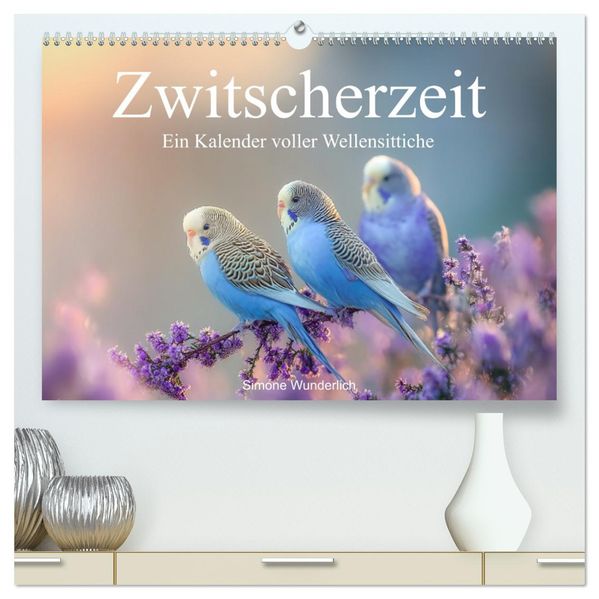 Zwitscherzeit - Ein Kalender voller Wellensittiche (hochwertiger Premium Wandkalender 2026 DIN A2 quer) Kunstdruck in Hochglanz