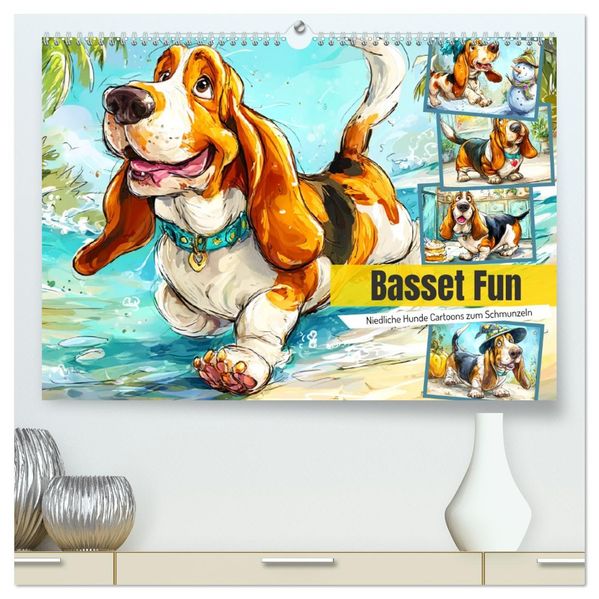 Basset Fun. Niedliche Hunde Cartoons zum Schmunzeln (hochwertiger Premium Wandkalender 2026 DIN A2 quer) Kunstdruck in Hochglanz