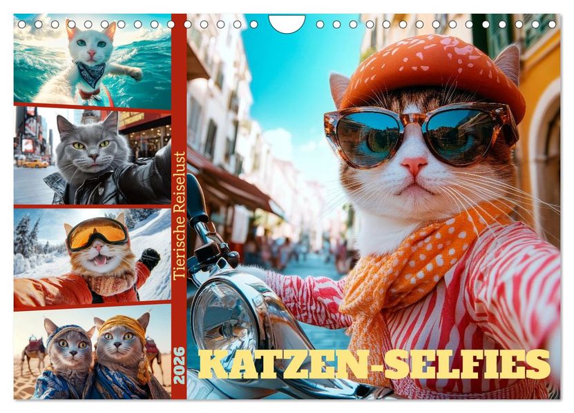 KATZEN-SELFIES Tierische Reiselust (Wandkalender 2026 DIN A4 quer) CALVENDO Monatskalender