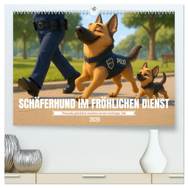 Schäferhund im fröhlichen Dienst (hochwertiger Premium Wandkalender 2026 DIN A2 quer) Kunstdruck in Hochglanz
