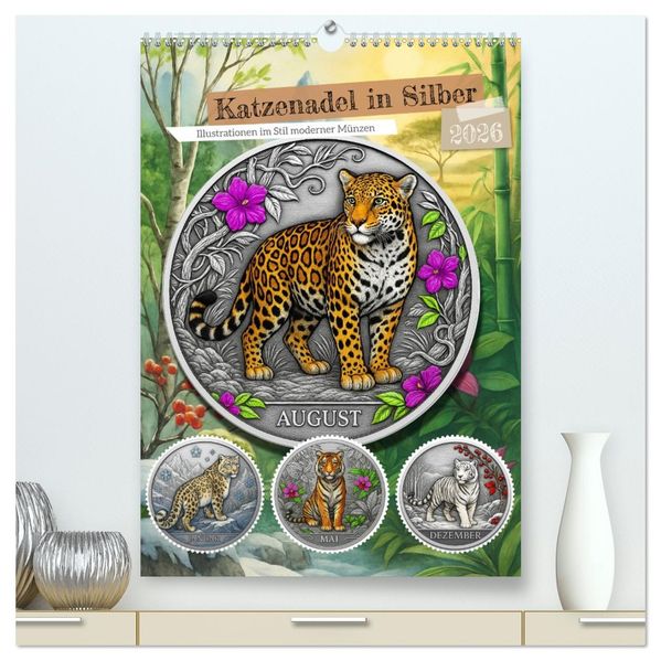 Katzenadel in Silber (hochwertiger Premium Wandkalender 2026 DIN A2 hoch) Kunstdruck in Hochglanz