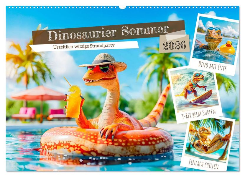 Dinosaurier Sommer - Urzeitlich witzige Strandparty (Wandkalender 2026 DIN A2 quer) CALVENDO Monatskalender