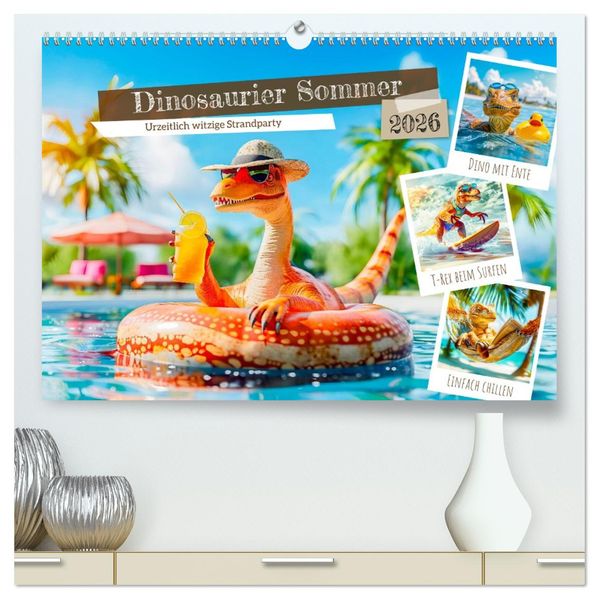 Dinosaurier Sommer - Urzeitlich witzige Strandparty (hochwertiger Premium Wandkalender 2026 DIN A2 quer) Kunstdruck in Hochglanz