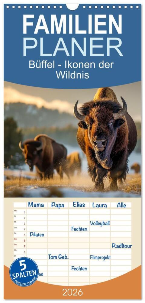 Familienplaner 2026 - Büffel - Ikonen der Wildnis mit 5 Spalten (Wandkalender 21 x 45 cm) CALVENDO