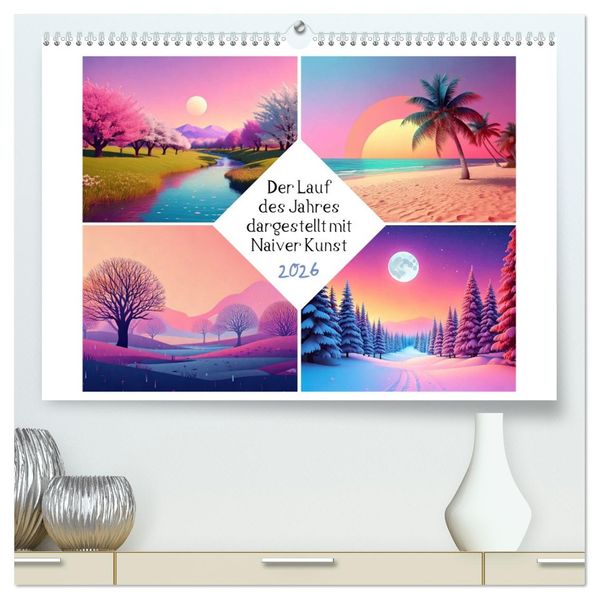 Der Lauf des Jahres dargestellt mit Naiver Kunst (hochwertiger Premium Wandkalender 2026 DIN A2 quer) Kunstdruck in Hochglanz