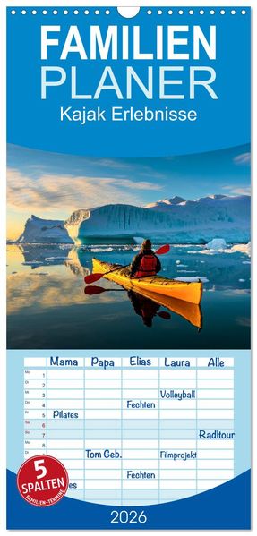 Familienplaner 2026 - Kajak Erlebnisse mit 5 Spalten (Wandkalender 21 x 45 cm) CALVENDO