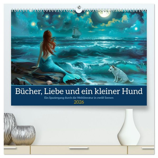 Bücher Liebe und ein kleiner Hund (hochwertiger Premium Wandkalender 2026 DIN A2 quer) Kunstdruck in Hochglanz