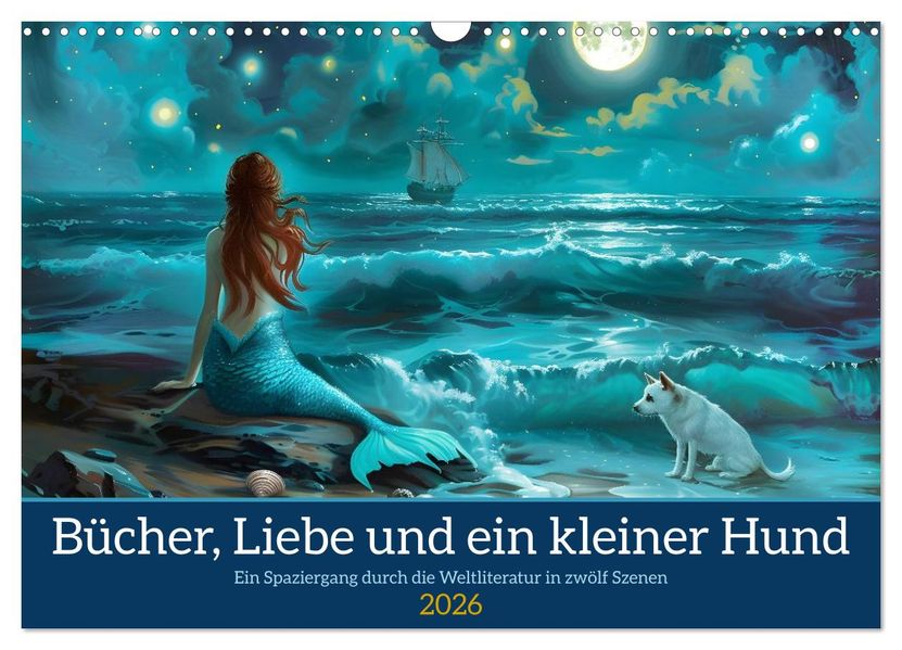 Bücher Liebe und ein kleiner Hund (Wandkalender 2026 DIN A3 quer) CALVENDO Monatskalender