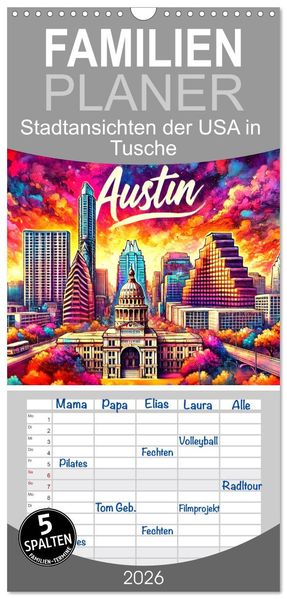 Familienplaner 2026 - Stadtansichten der USA in Tusche mit 5 Spalten (Wandkalender 21 x 45 cm) CALVENDO