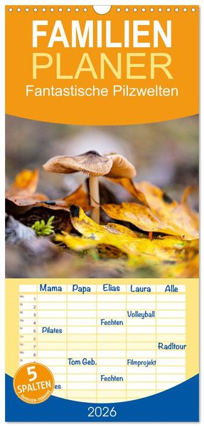 Familienplaner 2026 - Fantastische Pilzwelten mit 5 Spalten (Wandkalender 21 x 45 cm) CALVENDO