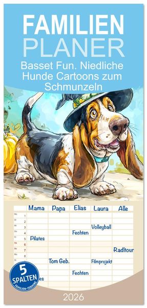 Familienplaner 2026 - Basset Fun. Niedliche Hunde Cartoons zum Schmunzeln mit 5 Spalten (Wandkalender 21 x 45 cm) CALVENDO