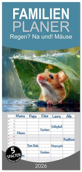 Familienplaner 2026 - Regen? Na und! Mäuse mit 5 Spalten (Wandkalender 21 x 45 cm) CALVENDO