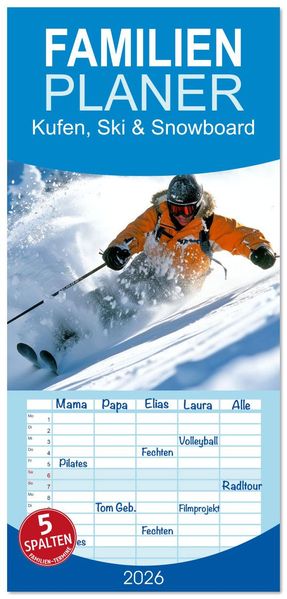 Familienplaner 2026 - Kufen Ski & Snowboard mit 5 Spalten (Wandkalender 21 x 45 cm) CALVENDO
