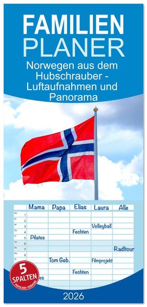 Familienplaner 2026 - Norwegen aus dem Hubschrauber - Luftaufnahmen und Panorama mit 5 Spalten (Wandkalender 21 x 45 cm) CALVENDO