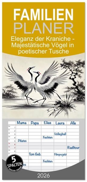 Familienplaner 2026 - Eleganz der Kraniche - Majestätische Vögel in poetischer Tusche mit 5 Spalten (Wandkalender 21 x 45 cm) CALVENDO