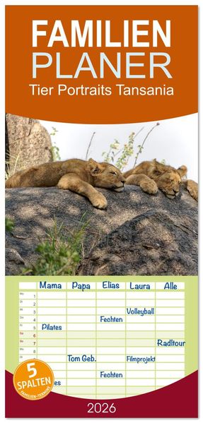 Familienplaner 2026 - Tier Portraits Tansania mit 5 Spalten (Wandkalender 21 x 45 cm) CALVENDO
