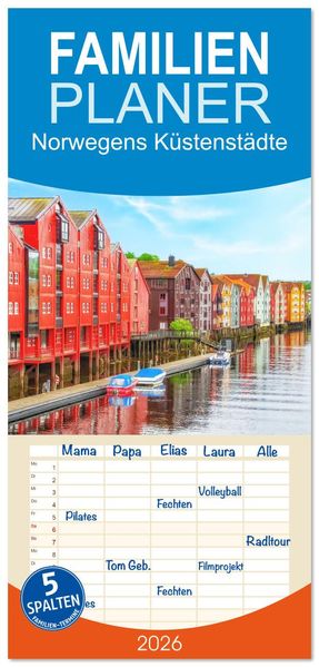 Familienplaner 2026 - Norwegens Küstenstädte mit 5 Spalten (Wandkalender 21 x 45 cm) CALVENDO