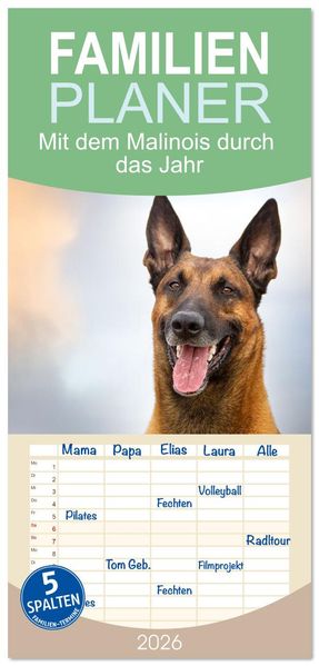 Familienplaner 2026 - Mit dem Malinois durch das Jahr mit 5 Spalten (Wandkalender 21 x 45 cm) CALVENDO