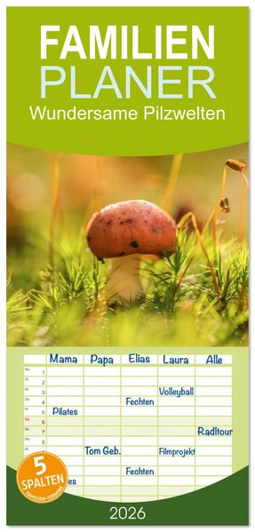 Familienplaner 2026 - Wundersame Pilzwelten mit 5 Spalten (Wandkalender 21 x 45 cm) CALVENDO