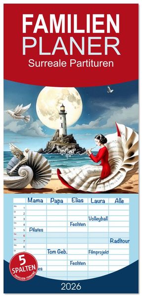 Familienplaner 2026 - Surreale Partituren mit 5 Spalten (Wandkalender 21 x 45 cm) CALVENDO