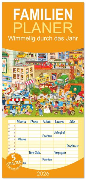 Familienplaner 2026 - Wimmelig durch das Jahr mit 5 Spalten (Wandkalender 21 x 45 cm) CALVENDO