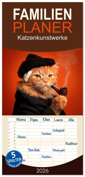 Familienplaner 2026 - Katzenkunstwerke mit 5 Spalten (Wandkalender 21 x 45 cm) CALVENDO