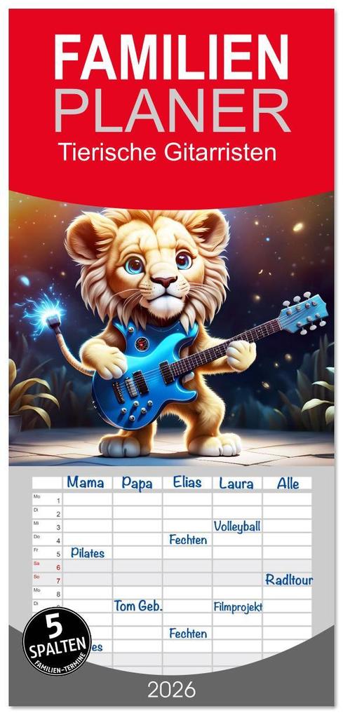 Familienplaner 2026 - Tierische Gitarristen mit 5 Spalten (Wandkalender 21 x 45 cm) CALVENDO