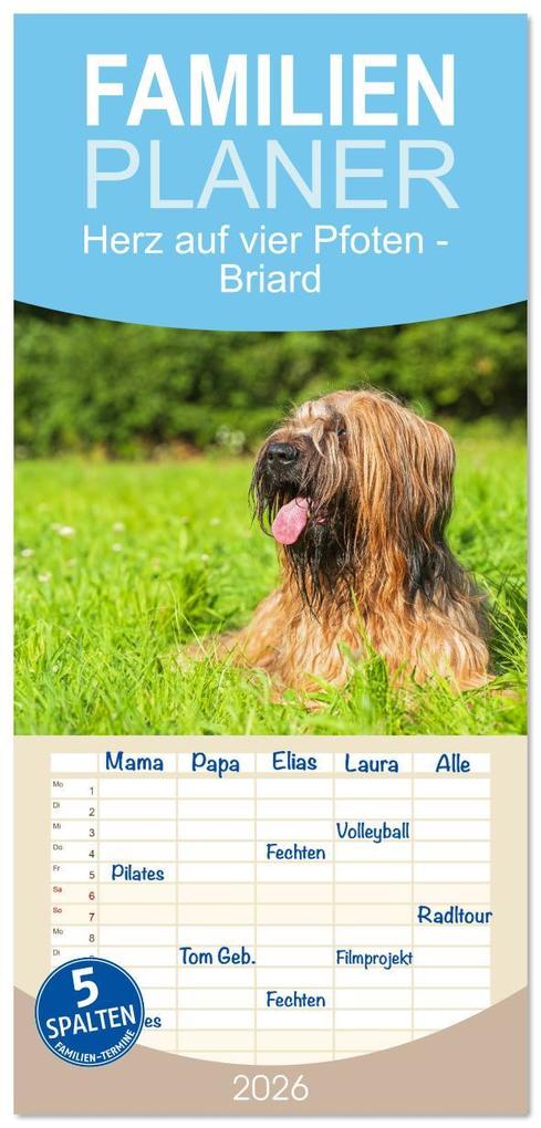 Familienplaner 2026 - Herz auf vier Pfoten - Briard mit 5 Spalten (Wandkalender 21 x 45 cm) CALVENDO