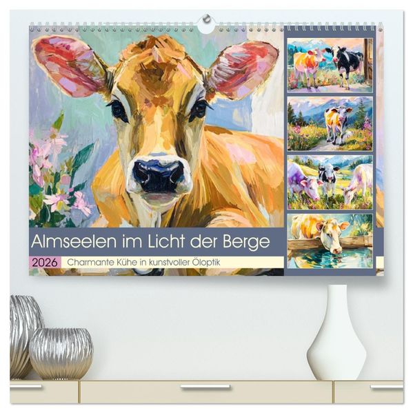 Almseelen im Licht der Berge. Charmante Kühe in kunstvoller Öloptik (hochwertiger Premium Wandkalender 2026 DIN A2 quer) Kunstdruck in Hochglanz
