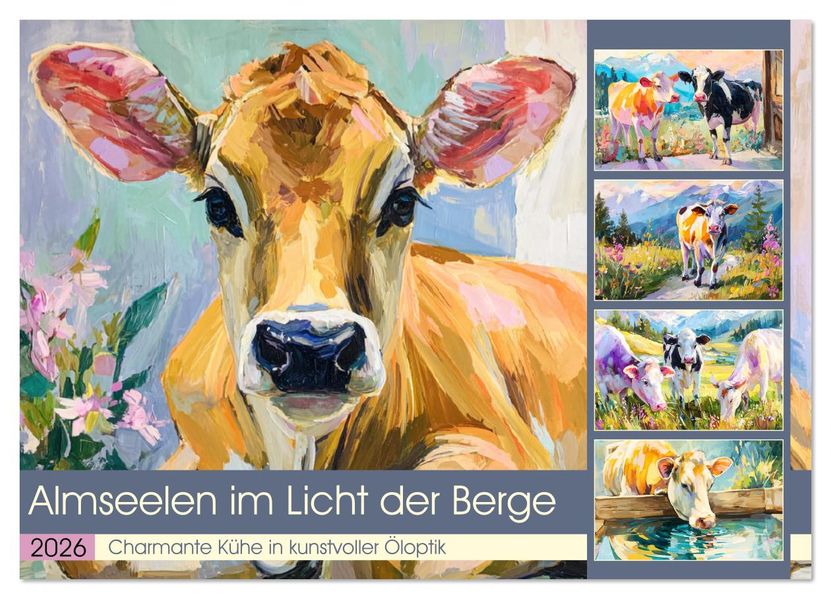 Almseelen im Licht der Berge. Charmante Kühe in kunstvoller Öloptik (Wandkalender 2026 DIN A4 quer) CALVENDO Monatskalender