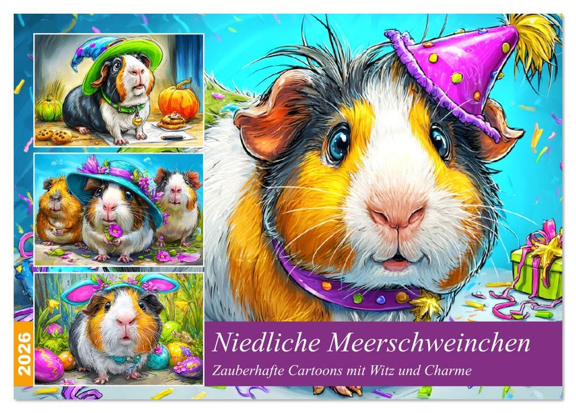 Niedliche Meerschweinchen. Zauberhafte Cartoons mit Witz und Charme (Tischkalender 2026 DIN A5 quer) CALVENDO Monatskalender
