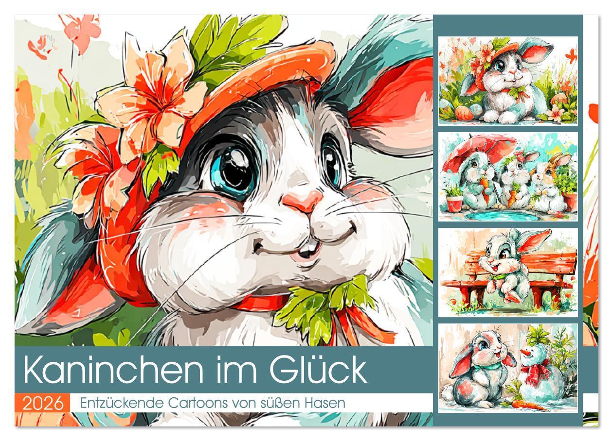Kaninchen im Glück. Entzückende Cartoons von süßen Hasen (Wandkalender 2026 DIN A2 quer) CALVENDO Monatskalender
