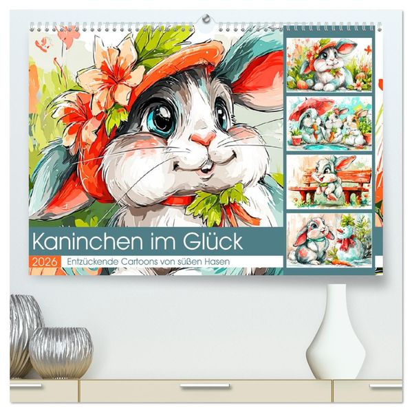 Kaninchen im Glück. Entzückende Cartoons von süßen Hasen (hochwertiger Premium Wandkalender 2026 DIN A2 quer) Kunstdruck in Hochglanz