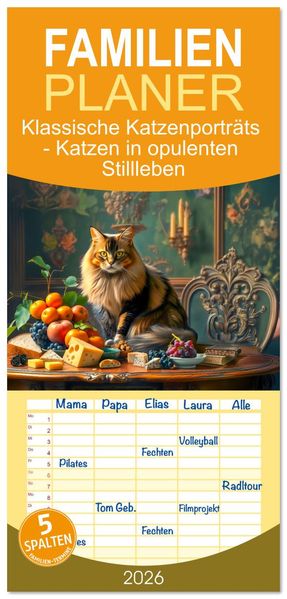 Familienplaner 2026 - Klassische Katzenporträts - Katzen in opulenten Stillleben mit 5 Spalten (Wandkalender 21 x 45 cm) CALVENDO
