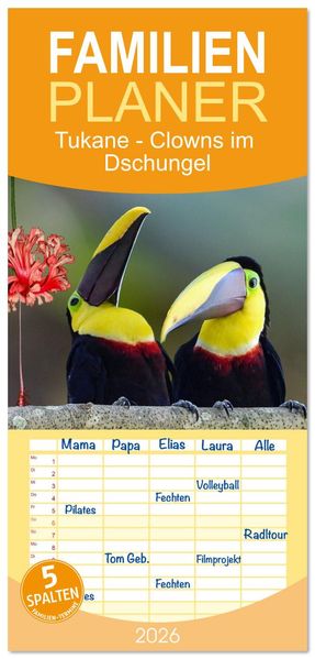 Familienplaner 2026 - Tukane - Clowns im Dschungel mit 5 Spalten (Wandkalender 21 x 45 cm) CALVENDO