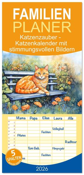 Familienplaner 2026 - Katzenzauber - Katzenkalender mit stimmungsvollen Bildern mit 5 Spalten (Wandkalender 21 x 45 cm) CALVENDO