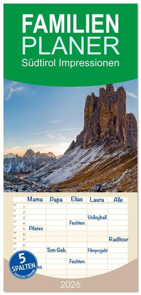 Familienplaner 2026 - Südtirol Impressionen mit 5 Spalten (Wandkalender 21 x 45 cm) CALVENDO