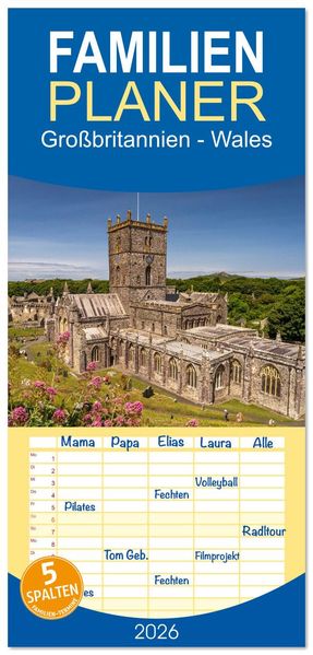 Familienplaner 2026 - Großbritannien - Wales mit 5 Spalten (Wandkalender 21 x 45 cm) CALVENDO