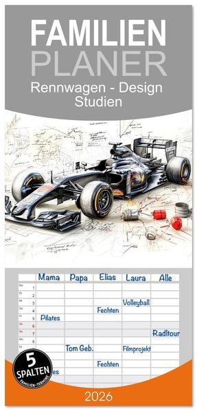 Familienplaner 2026 - Rennwagen - Design Studien mit 5 Spalten (Wandkalender 21 x 45 cm) CALVENDO