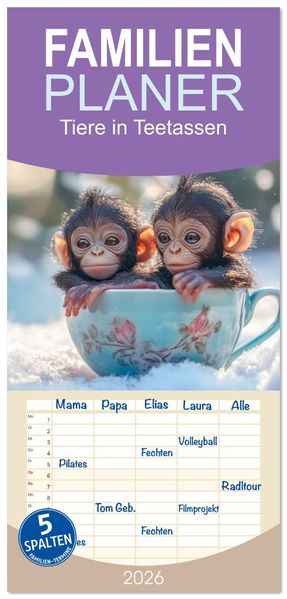 Familienplaner 2026 - Tiere in Teetassen mit 5 Spalten (Wandkalender 21 x 45 cm) CALVENDO