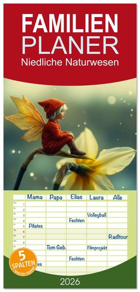 Familienplaner 2026 - Niedliche Naturwesen mit 5 Spalten (Wandkalender 21 x 45 cm) CALVENDO