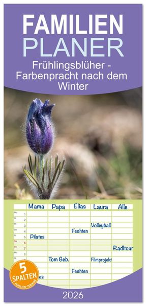 Familienplaner 2026 - Frühlingsblüher - Farbenpracht nach dem Winter mit 5 Spalten (Wandkalender 21 x 45 cm) CALVENDO