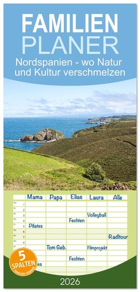 Familienplaner 2026 - Nordspanien - wo Natur und Kultur verschmelzen mit 5 Spalten (Wandkalender 21 x 45 cm) CALVENDO