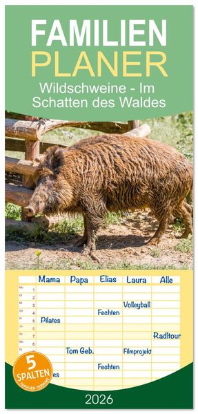 Familienplaner 2026 - Wildschweine - Im Schatten des Waldes mit 5 Spalten (Wandkalender 21 x 45 cm) CALVENDO