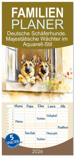 Familienplaner 2026 - Deutsche Schäferhunde. Majestätische Wächter im Aquarell-Stil mit 5 Spalten (Wandkalender 21 x 45 cm) CALVENDO