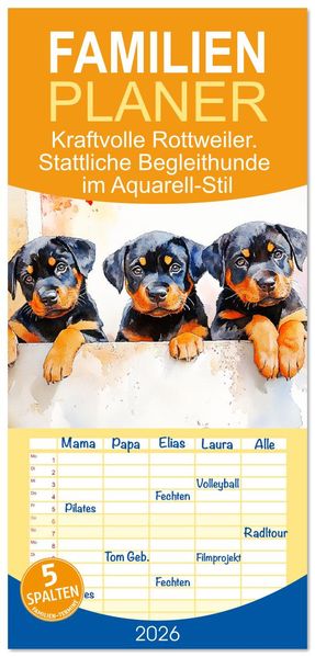 Familienplaner 2026 - Kraftvolle Rottweiler. Stattliche Begleithunde im Aquarell-Stil mit 5 Spalten (Wandkalender 21 x 45 cm) CALVENDO