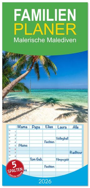 Familienplaner 2026 - Malerische Malediven mit 5 Spalten (Wandkalender 21 x 45 cm) CALVENDO