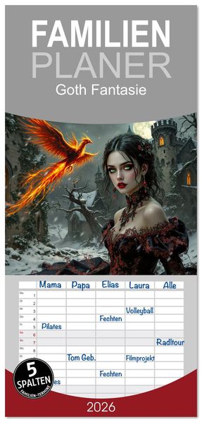 Familienplaner 2026 - Goth Fantasie mit 5 Spalten (Wandkalender 21 x 45 cm) CALVENDO