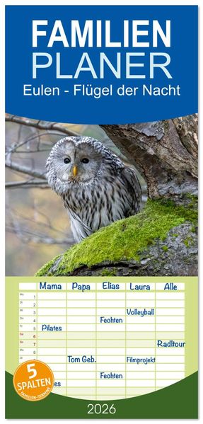 Familienplaner 2026 - Eulen - Flügel der Nacht mit 5 Spalten (Wandkalender 21 x 45 cm) CALVENDO