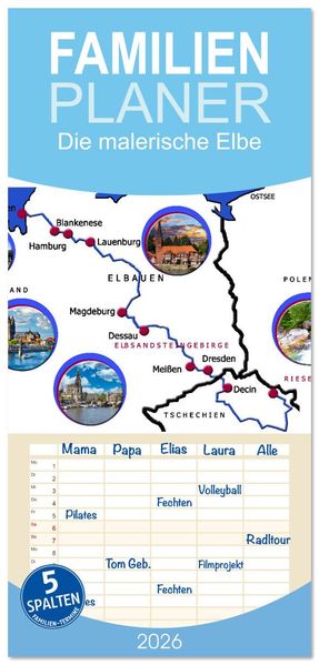 Familienplaner 2026 - Die malerische Elbe mit 5 Spalten (Wandkalender 21 x 45 cm) CALVENDO